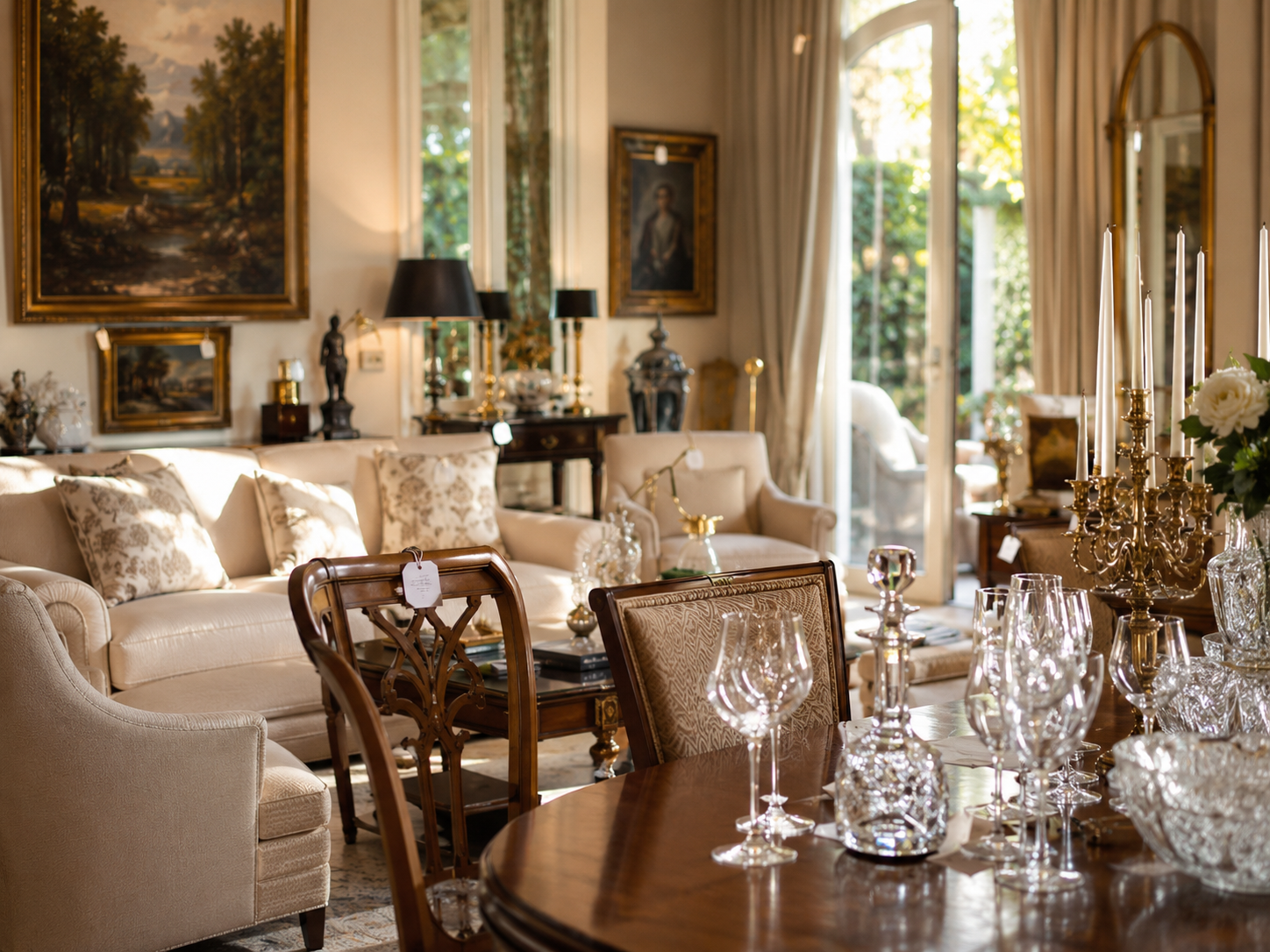 Warm, beautifully staged estate sale interior in Los Angeles.